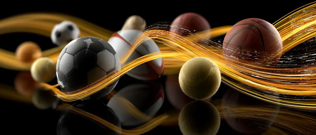 Balls from soccer, rugby, cricket and tennis on a dark stage
